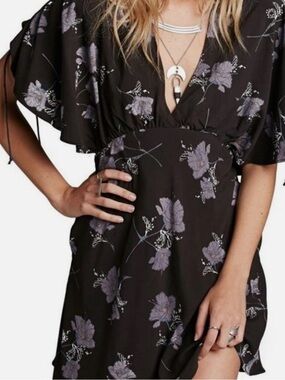 Free People Women's Melanie Night Combo Black Purple Floral V-Neck Mini Dress